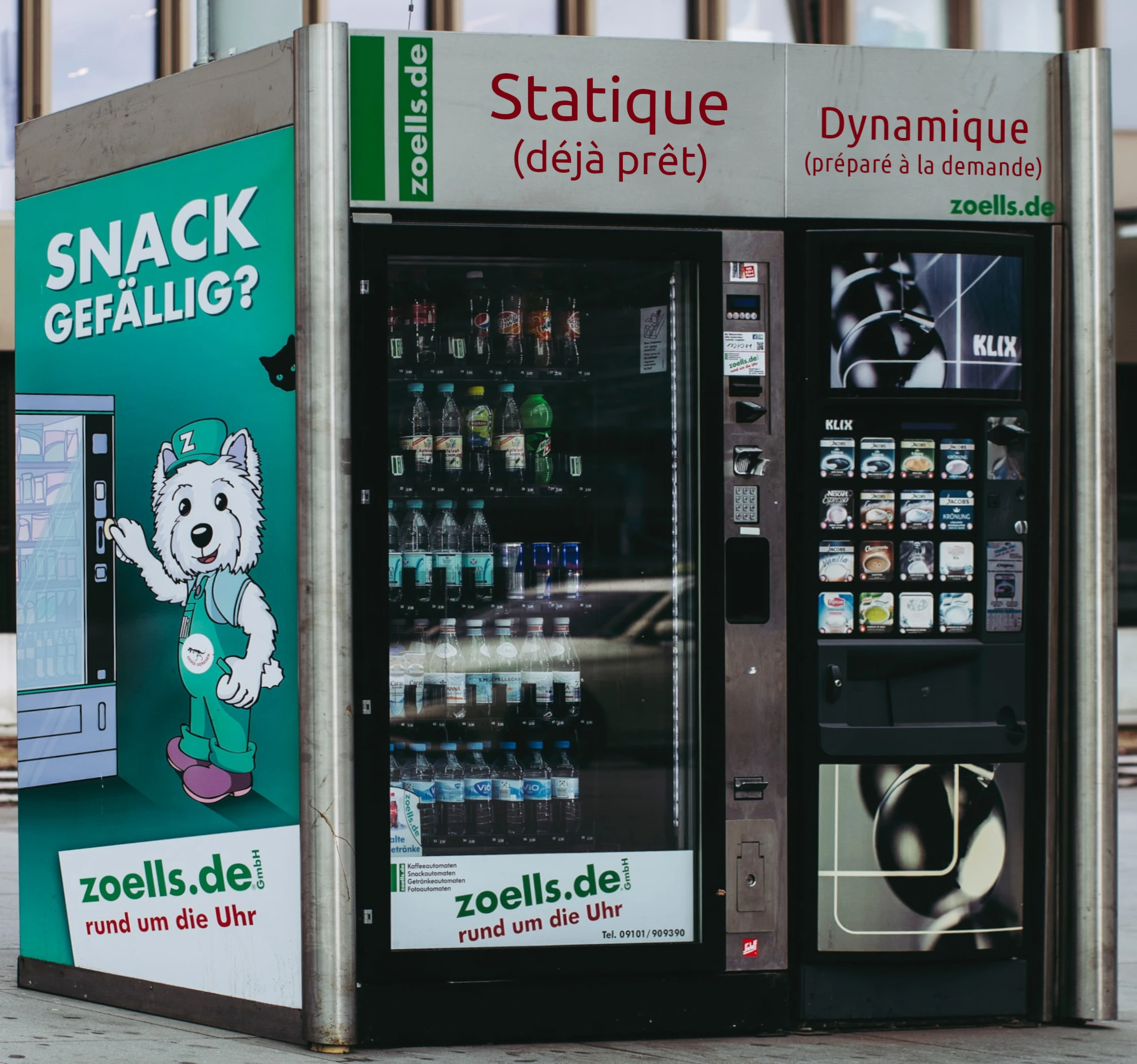 Un distributeur de cannettes avec le titre « Statique » et une machine à café avec le titre « Dynamique ».